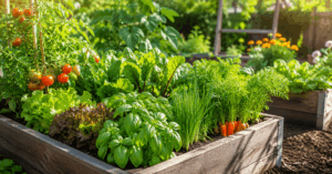 Hochbeet mit verschiedenen Gemüsesorten in Mischkultur im Selbstversorger Garten