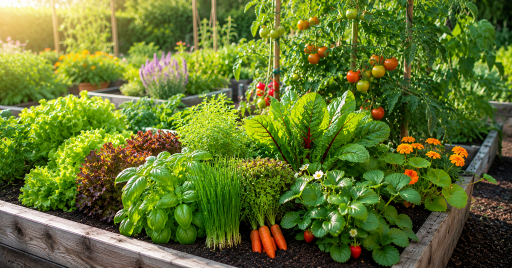 Tomatenpflanzen mit frischem Basilikum im Gemüsebeet einer Mischkultur im Garten bei sonnigem Wetter