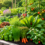 Mehr Gemüse durch clevere Mischkultur im Gemüsegarten Tomatenpflanzen mit frischem Basilikum im Gemüsebeet einer Mischkultur im Garten bei sonnigem Wetter