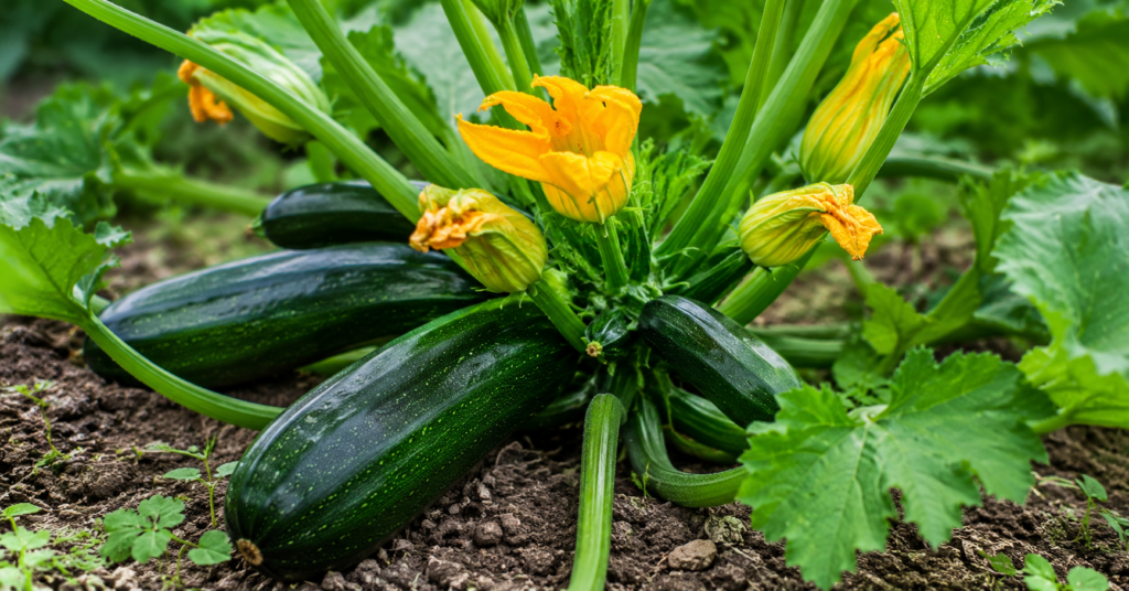 Frische Zucchinipflanzen mit großen grünen Blättern und jungen Früchten im sonnigen Selbstversorger Garten