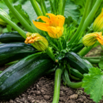 Zucchini Frische Zucchinipflanzen mit großen grünen Blättern und jungen Früchten im sonnigen Selbstversorger Garten