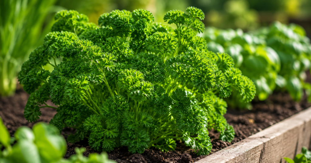 Frische Petersilie im Gartenbeet mit kräftig grünen Blättern im warmen Sonnenlicht