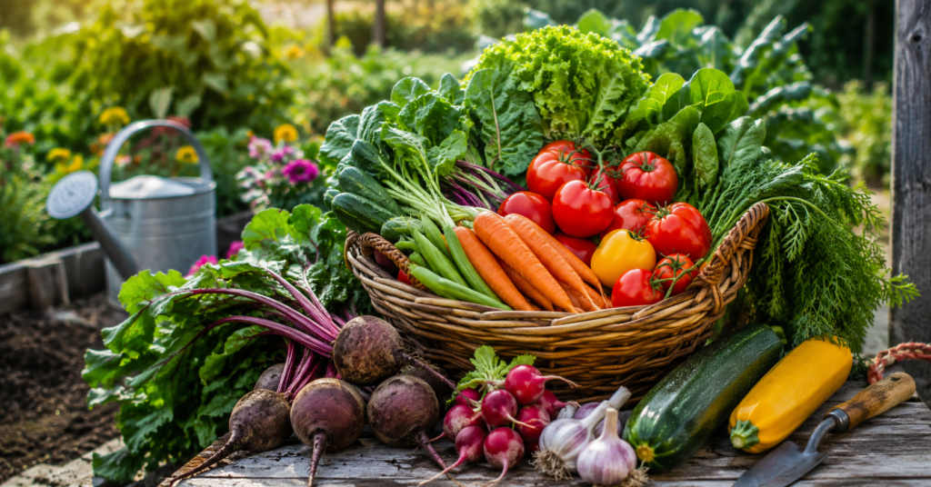 Frisch geerntetes Gemüse aus einem Selbstversorger Garten in einem Holzkorb mit Tomaten, Karotten, Zucchini und Salat im Sonnenlicht