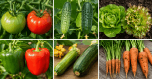 Vergleich zwischen unreifem und reifem Gemüse im Gemüsegarten mit Tomaten, Gurken, Paprika, Salat, Zucchini und Karotten