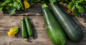 Kleine und riesige Zucchini im direkten Vergleich auf einem Holztisch im Gemüsegarten