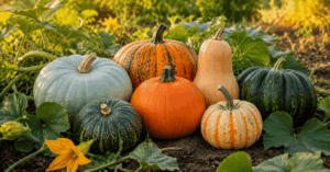 Verschiedene reife Kürbisse im Garten zwischen grünen Blättern und herbstlicher Gemüseernte
