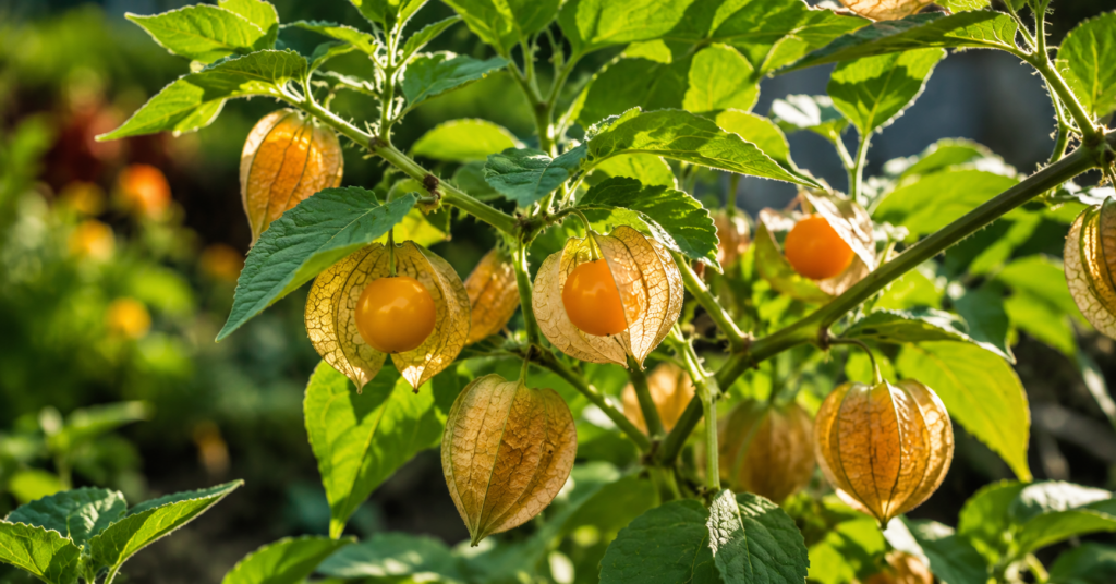 Reife Andenbeeren (Physalis) an der Pflanze im sonnigen Selbstversorger Garten