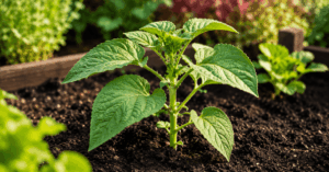 Junge Physalis-Pflanze im Beet eines Selbstversorger Gartens