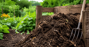 Fruchtbare Gartenerde mit natürlichem Kompost im Gemüsebeet zur Bodenverbesserung im Selbstversorgergarten