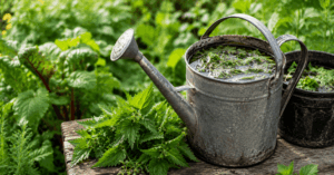 Gießkanne mit Brennnesseljauche im Gemüsegarten zur natürlichen Düngung und Bodenverbesserung