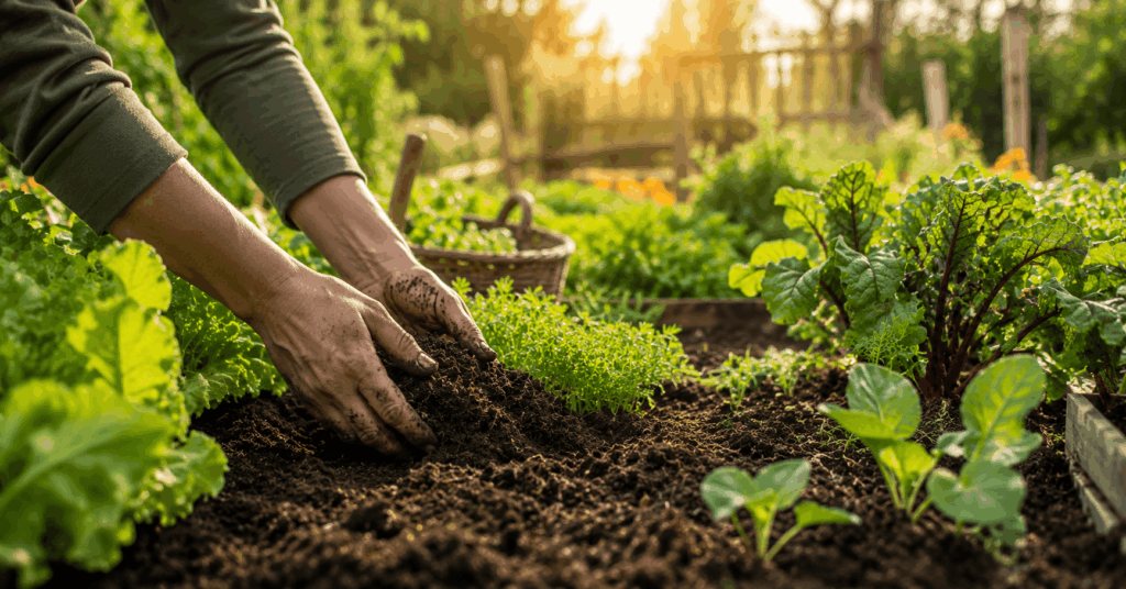 Fruchtbarer Gartenboden im Gemüsegarten mit gesunden Pflanzen und natürlicher Erde zur Bodenverbesserung