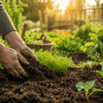 Fruchtbarer Gartenboden im Gemüsegarten mit gesunden Pflanzen und natürlicher Erde zur Bodenverbesserung