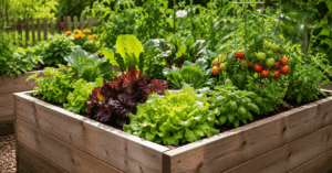 Schönes Hochbeet mit verschiedenen Gemüsesorten im Selbstversorger Garten für Anfänger