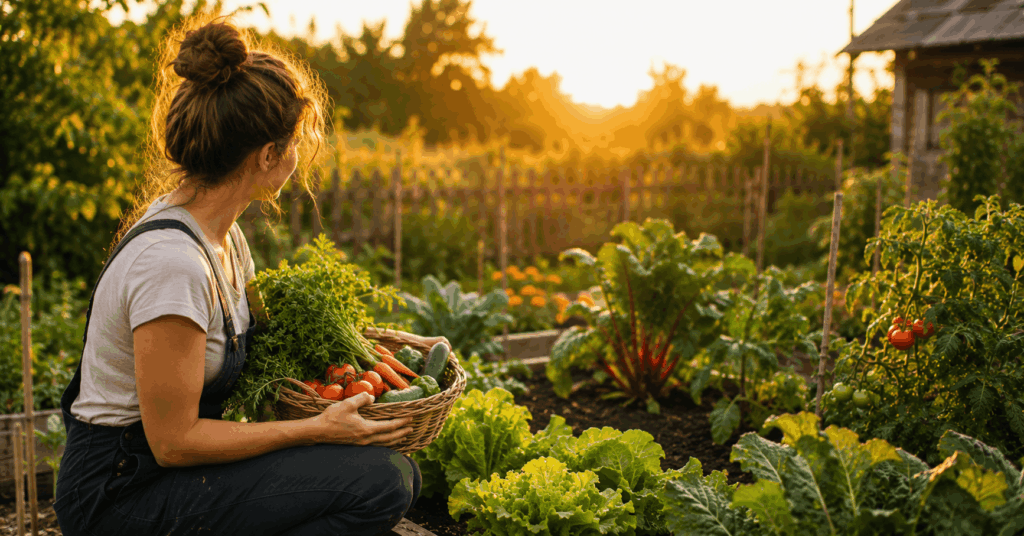 Anfänger startet Selbstversorger Garten mit frischem Gemüsebeet und Hochbeet im eigenen Garten