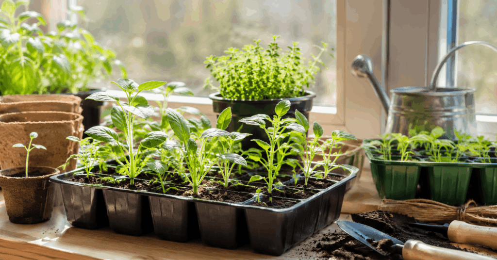 Kleine Jungpflanzen auf einer hellen Fensterbank bei der Gemüse Aussaat im Haus mit Gartenzubehör und Anzuchttöpfen