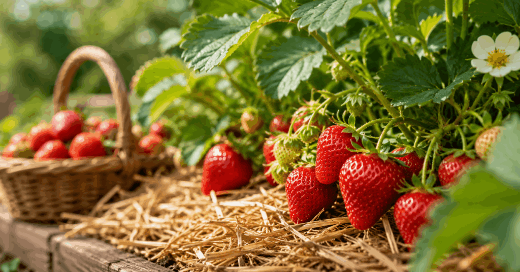 Reife Erdbeeren im Gartenbeet mit Stroh und frischen Früchten im Korb bei sonnigem Wetter