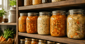 Verschiedene selbst eingekochte Suppen in Vorratsgläsern ordentlich in einem Regal gelagert für die langfristige Vorratshaltung.
