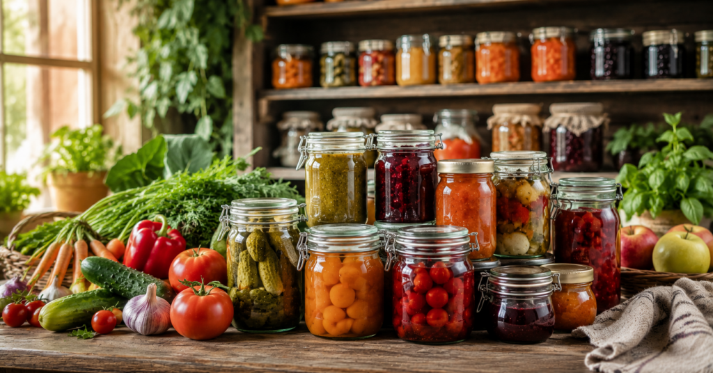 Auswahl verschiedener eingekochter Lebensmittel in Gläsern mit Obst, Gemüse und haltbaren Vorräten auf einem rustikalen Holztisch.