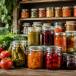 17 Lebensmittel zum Einkochen, die immer gelingen Auswahl verschiedener eingekochter Lebensmittel in Gläsern mit Obst, Gemüse und haltbaren Vorräten auf einem rustikalen Holztisch.