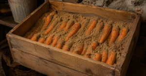 Frisch geerntete Karotten in einer Holzkiste mit feuchtem Sand zur natürlichen Lagerung und langfristigen Vorratshaltung