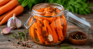 Eingelegte Karotten im Glas mit Knoblauch, Dill und Gewürzen zur natürlichen Konservierung und Vorratshaltung