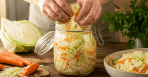 Karotten und Weißkohl werden in ein Fermentierglas gefüllt und für die natürliche Fermentation vorbereitet.