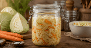 Fermentierglas mit Gemüse während der Gärung auf einem Holztisch, sichtbare Fermentation zur natürlichen Haltbarmachung von Lebensmitteln.