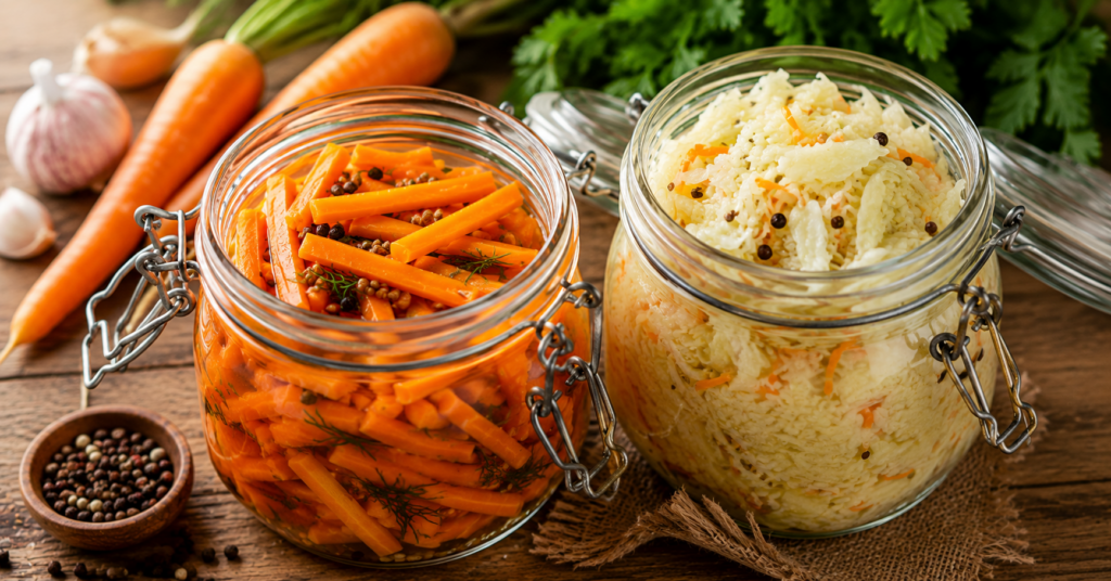 Fermentierte Karotten und Sauerkraut in Einmachgläsern auf einem Holztisch – Gemüse natürlich haltbar machen durch Fermentation.