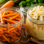 Gemüse fermentieren: So gelingt es garantiert Fermentierte Karotten und Sauerkraut in Einmachgläsern auf einem Holztisch – Gemüse natürlich haltbar machen durch Fermentation.