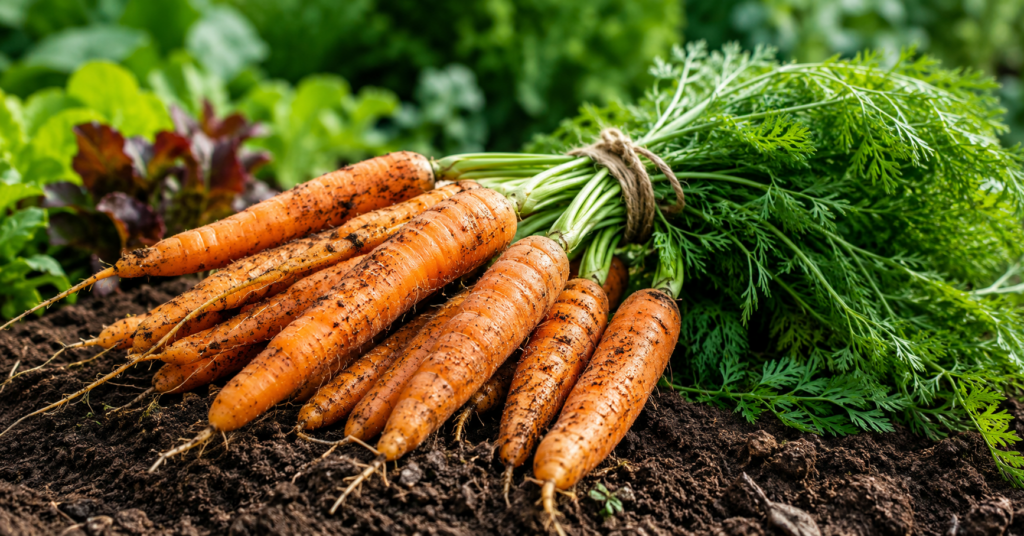 Frisch geerntete Karotten mit grünem Laub auf lockerer Gartenerde im Gemüsebeet – Karotten anbauen im Garten für eine erfolgreiche Ernte.
