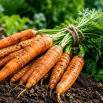 Karotten Frisch geerntete Karotten mit grünem Laub auf lockerer Gartenerde im Gemüsebeet – Karotten anbauen im Garten für eine erfolgreiche Ernte.