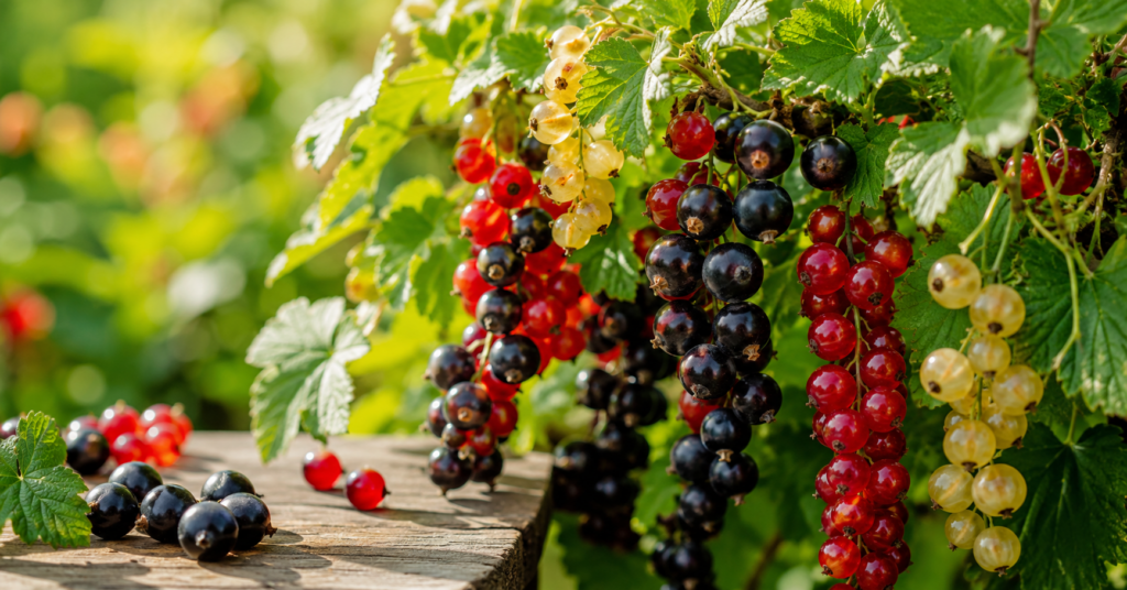 Reife rote Johannisbeeren an einem Strauch im sonnigen Selbstversorger-Garten kurz vor der Ernte