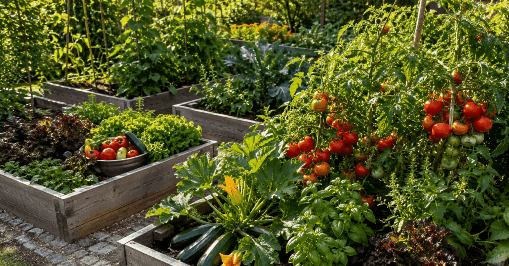 Gemüse anbauen im Juli im sommerlichen Gemüsegarten mit reifen Tomaten, Zucchini und HochbeetenGemüse anbauen im Juli im Selbstversorgergarten