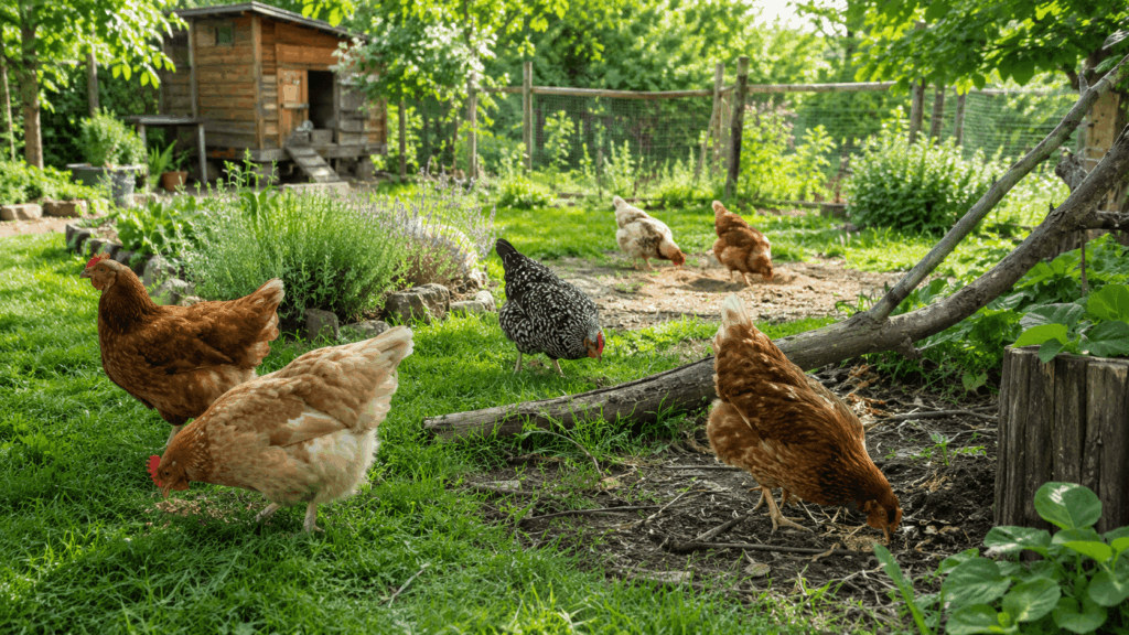 Hühnerhaltung im Garten mit praktischem Hühnerstall, angrenzendem Auslauf und mehreren Hennen im Grünen