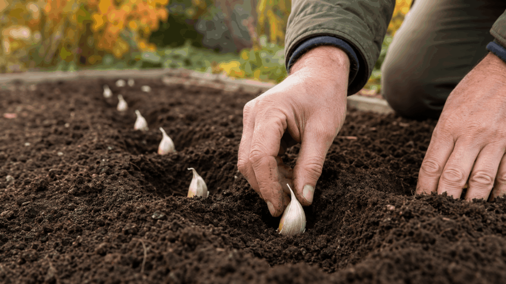Knoblauch pflanzen im Herbstbeet mit der Spitze nach oben