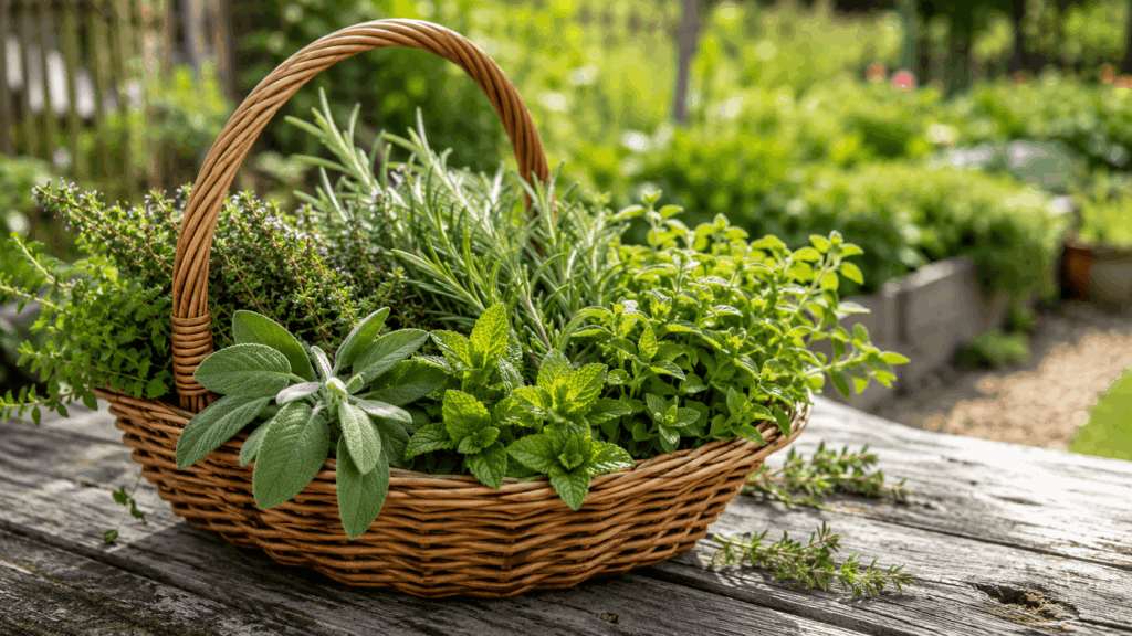 Kräuter trocknen mit frischen Gartenkräutern im Erntekorb vor dem Trocknen