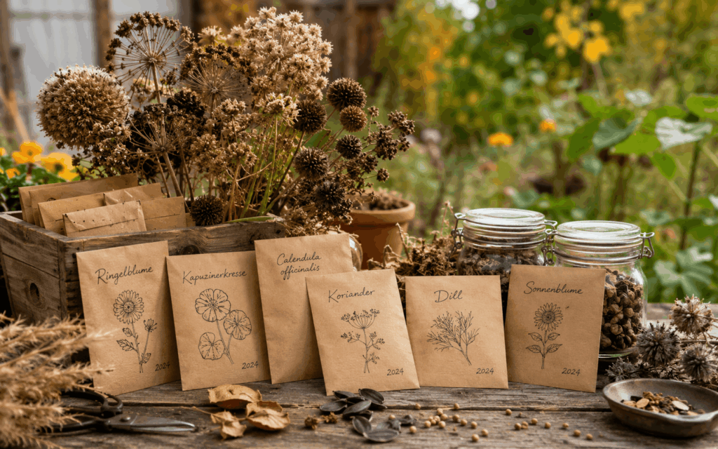 Saatgut gewinnen im Herbst mit trockenen Samenständen, beschrifteten Samentütchen und gesammelten Gartensamen auf einem Holztisch