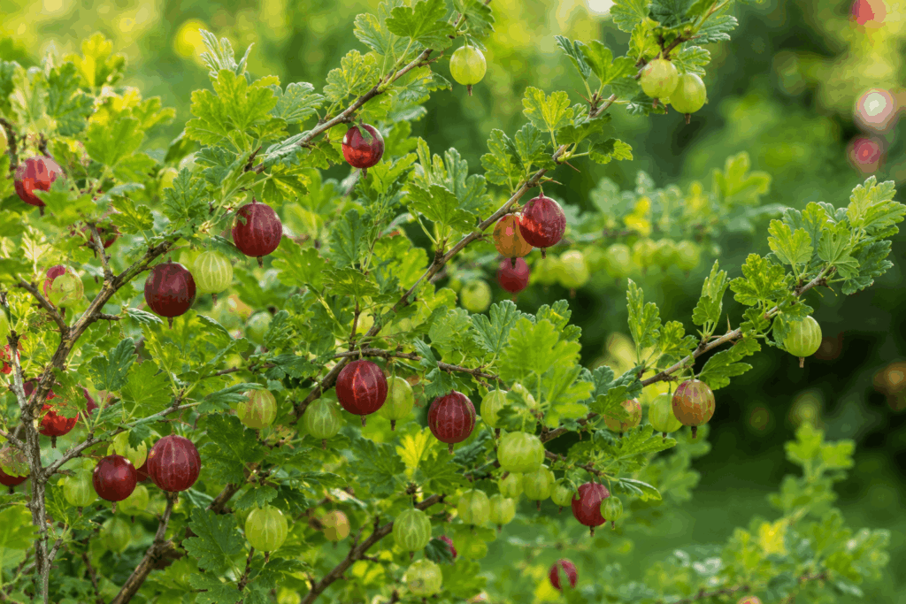 Grüne und rote Stachelbeeren an einem gesunden Strauch im Garten