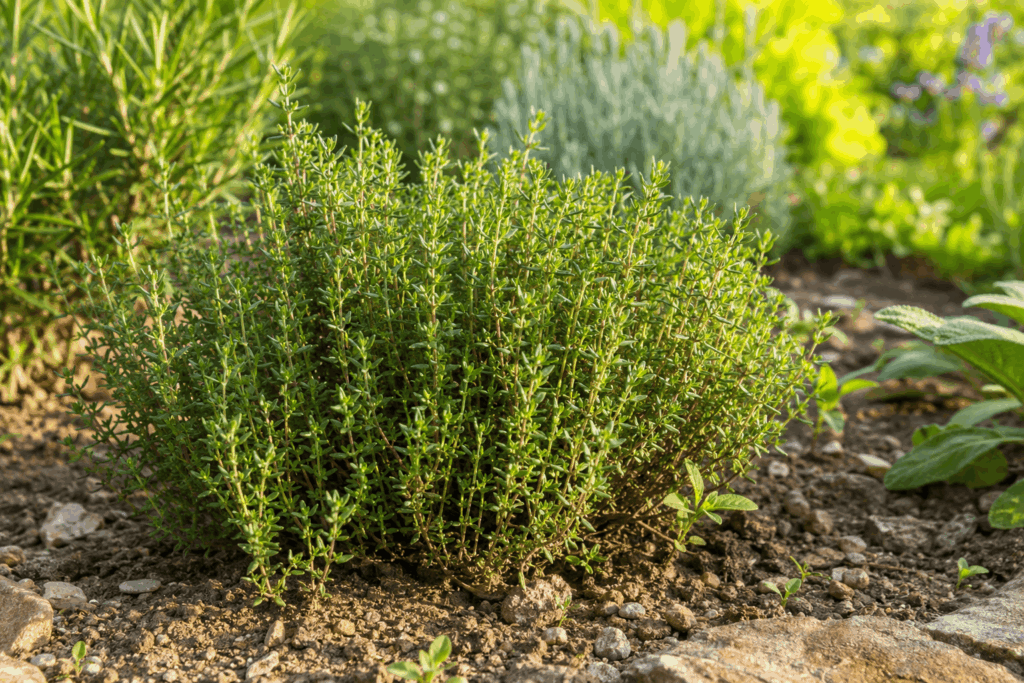 Thymian pflanzen an einem sonnigen Platz im Kräutergarten