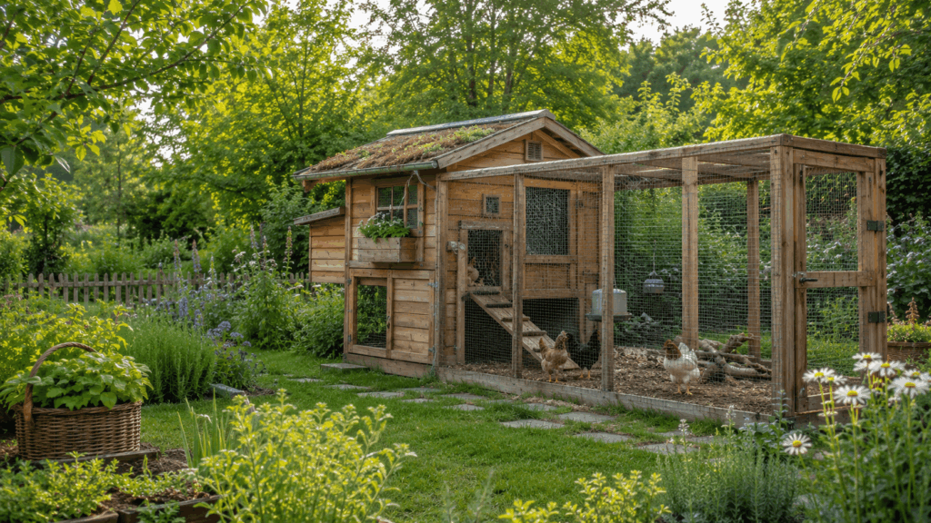 Geschützter Hühnerstall mit eingezäuntem Auslauf in einem naturnahen Garten