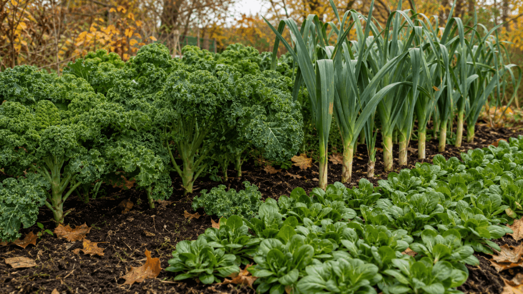 Wintergemüse anbarten mit erntereifem Grünkohl, Lauch und Feldsalat im herbstlichen Gemüsebeet