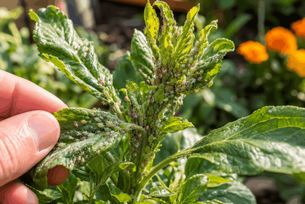 Blattläuse bekämpfen – starker Blattlausbefall an jungen grünen Pflanzentrieben im Garten
