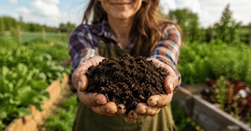 Bodenarten – Gärtnerin hält lockere, humusreiche Gartenerde mit sichtbarer Krümelstruktur in den Händen