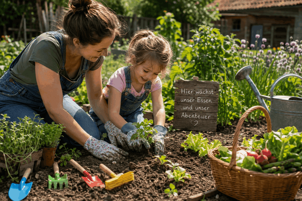 Gärtnern mit Kindern – Mutter und Tochter pflanzen gemeinsam Gemüse im Selbstversorger Garten