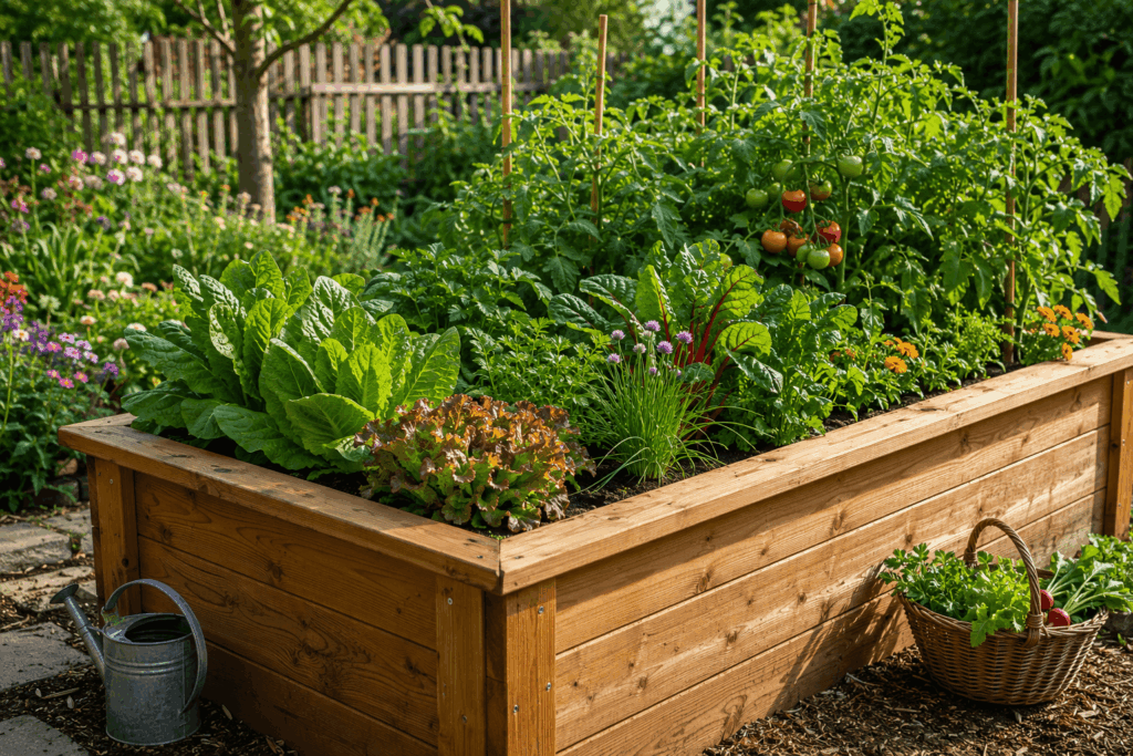 Hochbeet mit Salat, Mangold, Kräutern und Tomaten im Selbstversorger Garten