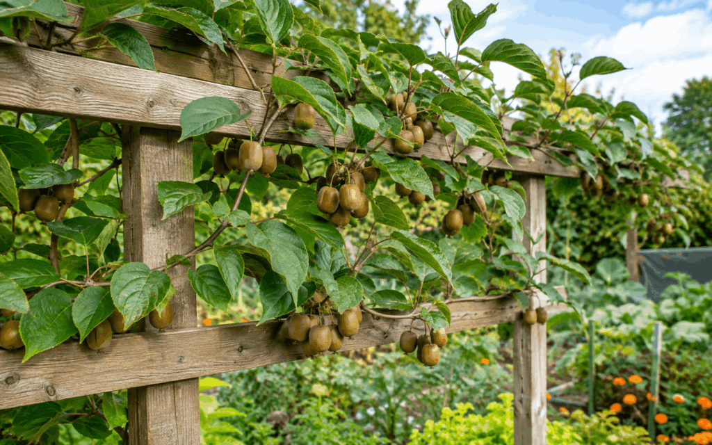 Winterharte Kiwi mit reifen Kiwibeeren an einem stabilen Holzspalier im Garten