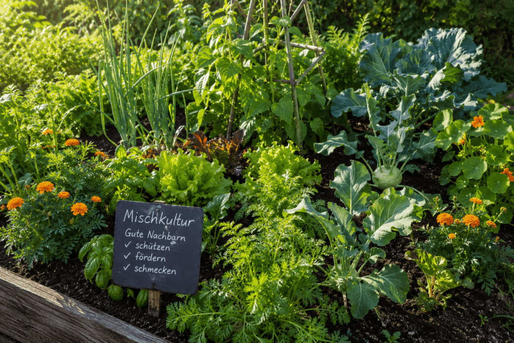 Mischkultur Gemüse Tabelle – Gemüsebeet mit Salat, Kohlrabi, Bohnen, Zwiebeln, Kräutern und Blumen als gute Pflanzennachbarn