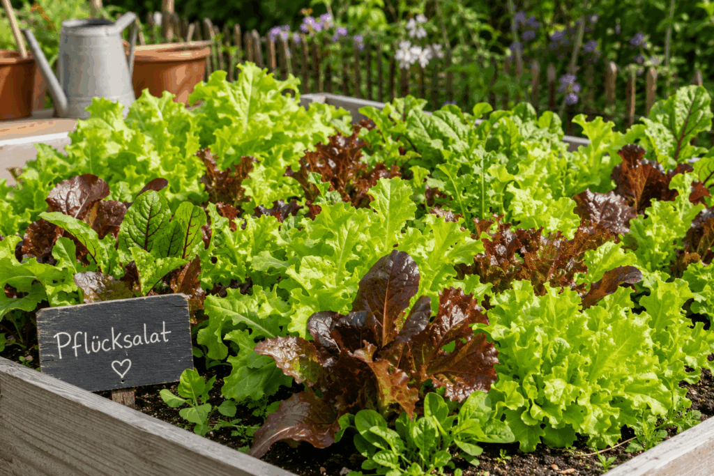 Pflücksalat anbauen – grüner und roter Pflücksalat im Hochbeet im Selbstversorger Garten
