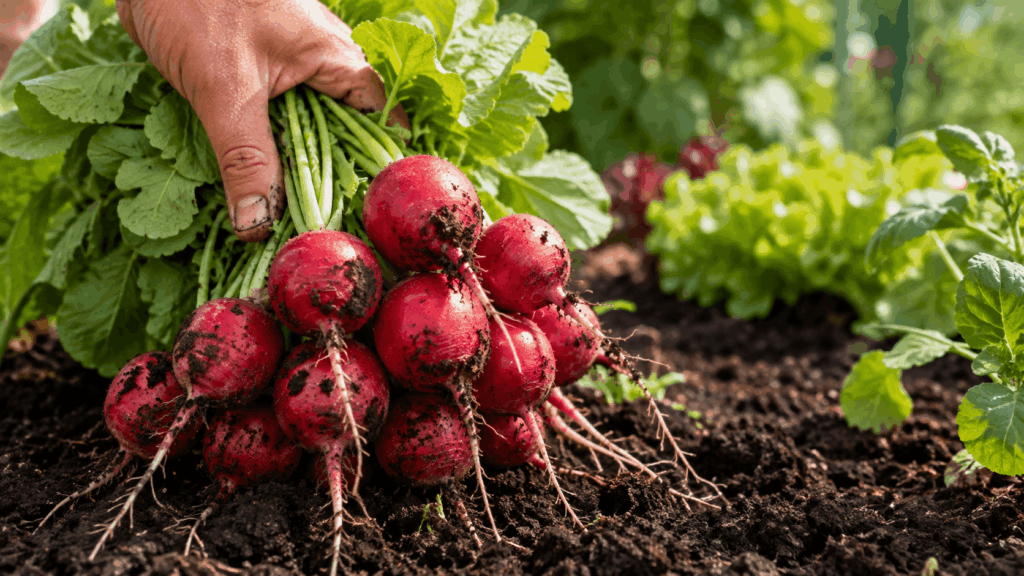 Frisch geerntete rote Radieschen mit grünen Blättern auf dunkler Gartenerde