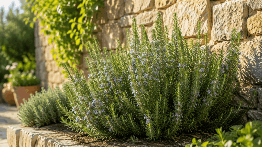Rosmarin an einem sonnigen und geschützten Standort vor einer warmen Natursteinmauer im Garten